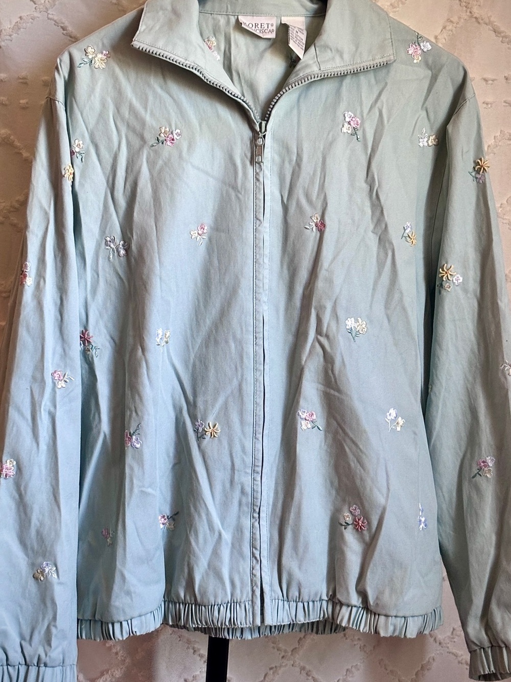 Vintage Koret Francisca Embroidered Floral Zip Jacket Sage Green Cottagecore Med